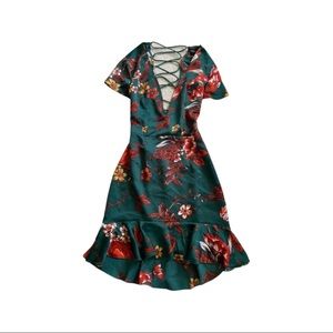 Green floral mini dress with tie up back